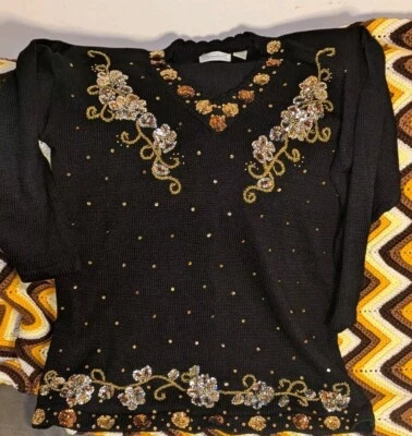 复古 SHENANIGANS 女式串珠毛衣束腰外衣大号黑色金色令人惊叹长袖 — 第 1/4 张图片