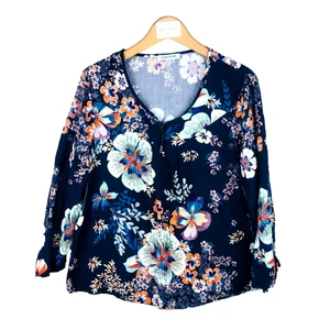 Christine Laure Top Femme 3 Bleu Multi Fleuri Manches Longues Col Fendu Lien - Imagen 1 de 7