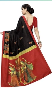 Madhubani Kalamkari figure NWT black Red Pallu ART silk Sari W/ BLOUSE fabric - Picture 1 of 12