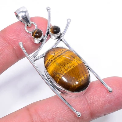 Pingente de joia folheado a prata olho de tigre amarelo natural - África do Sul 2,38" T8638 - Imagem 1 de 3