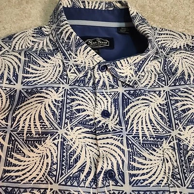 Camisa Nat Nast Para Hombres Talla XL Seda Algodón Azul Blanco Abstracto Lujo Informal Resort Foto 1 de 4