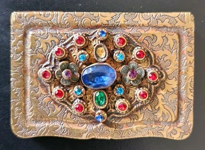 Antike Puderdose Visitenk. * Messing mit Schmucksteinen * Akanthus * Art Déco *  - Bild 1 von 4