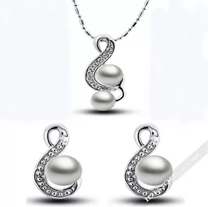 Halskette + Anhänger + Ohrringe 3er Set Diamant Damen Schmuck Geschenk Perlen - Bild 1 von 2