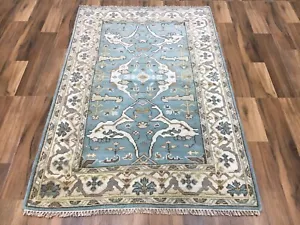 Handmade Wool Oushak Rug 3x5 ft Vintage Style Light Blue & Ivory Oriental Carpet - Picture 1 of 9