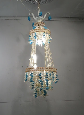 Vintage Sea Shell Pendant Chandelier 5 Light Aqua Crystals Tiers Ceiling Lamp Cover