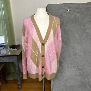 J Crew Cardigan Sweater  Womens L Argyle Pink Tan Quiet Luxury Academia Alpaca