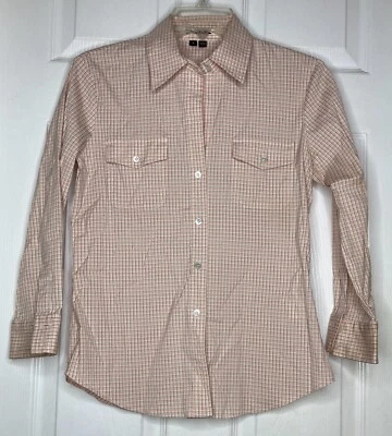 女式 THEORY 橙色黑色白色格子格子三月 B 纽扣衬衫,尺寸 S 上装 — 第 1/4 张图片