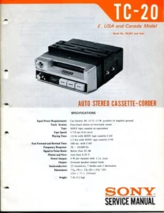 Sony Model TC-20 Under Dash 12V Cassette Player Service Manual SN 50,001 & Later - Picture 1 of 3