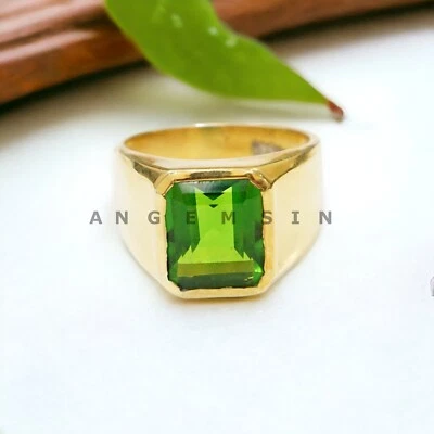 Piedras preciosas de peridoto con anillo chapado en oro de plata de ley 925 para hombre #AL952 Foto 1 de 4