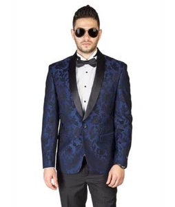 Blau Blumenmuster Schal Satin Reversjacke nur Smoking schmale Passform 1 Knopf Blazer AZAR - Bild 1 von 4
