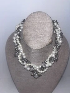 ANN TAYLOR LOFT Faux Pearl & Crystal Bead Bib Necklace Cluster Statement 17”lotA - Picture 1 of 6