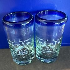 Mexican Hand Blown Cobalt Blue Clear Glass Tequila Shot Glasses Artisan Set of 2