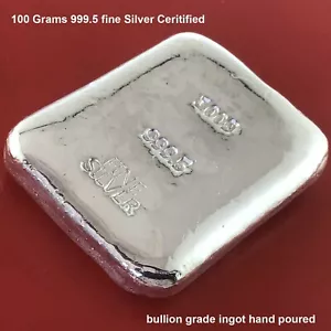 100 grams 999.5 Fine Silver Certified Bullion Grade Ingot Bar Hand Poured - Bild 1 von 3