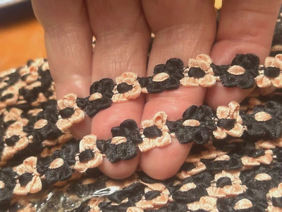 vintage rayon 3/8" rococo flower trim ribbon 1yd made in France black peach pink - Image 1 of 3