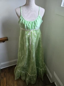 Maxi Vestido Vintage Verde Flocado Margarita Imperio Cintura Hecho a Mano Años 60 70 - Imagen 1 de 17