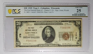 1929 Columbus, Wisconsin First National Bank $20 PCGS Banknote VF 25 - Picture 1 of 2