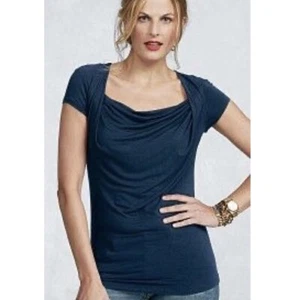 T-shirt basic Cabi drappeggiata scollo cappuccio donna taglia XS blu navy tessuto jersey - Foto 1 di 9
