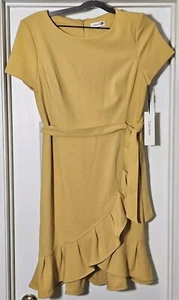 Vestido para mujer Calvin Klein amarillo con volantes crepé manga corta talla 12 con cinturón - Imagen 1 de 4