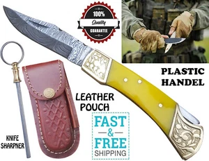 HP Pocket Folding Knife Camping Hunting Fishing Stainless Steel leather pouch - Picture 1 of 4