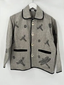 Venus Imports Jacke Damen klein grau schwarz Canvas Libellenmuster Knopfleiste - Bild 1 von 24