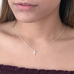 Women's Simple Small Tiny Cross Pendant Necklace Gold Plated Beaded Chain - Picture 1 of 2