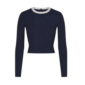 SKIMS Medium Soft Lounge Ringer Long Sleeve Crop Top Navy Blue Stretch - Picture 1 of 4