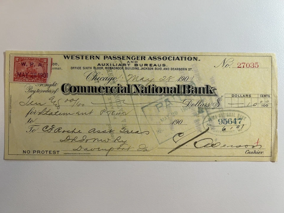 R164p - Western Passenger Association - Bank Draft - Chicago IL - 1901 - Image 1 of 1
