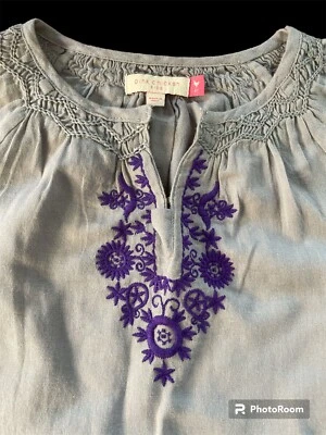 Pink Chicken EUC Grey/Purple Embroidered Smocked Woven Cotton Blouse-8yrs - Image 1 of 4