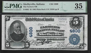 US Shelbyville, Indiana 5 $ 1902 PMG 35 Fr #602 The Farmers NB CH#4800 - Bild 1 von 4