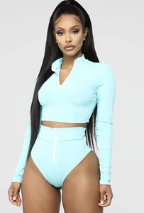 Fashion Nova Women’s Size Large Water Sports III Long Sleeve Bikini in Blue - Picture 1 of 11