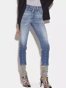 Dsquared2 2022 High Rise Twiggy Cropped Skinny Jeans Crystal Embellished 38 NWT - Picture 1 of 9