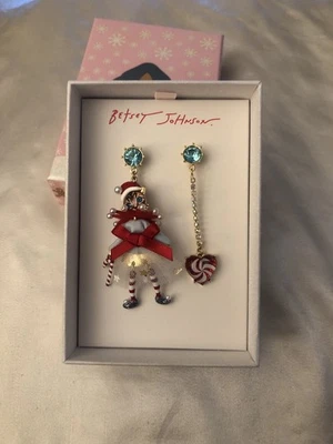 Pendientes colgantes Betsey Johnson Jingle Bell Bling Navidad gato corazón desajuste nuevos con etiquetas Foto 1 de 4