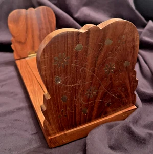 Vintage Wood Book Rack Brass Floral Inlay Slide Expandable Holder Shelf Leaf - Picture 1 of 19
