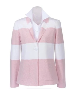 Kinross Cashmere Rugby Cardigan Striped Pink White Blazer | XS | Cotton Cashmere - Picture 1 of 9
