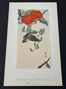 Yoshimoto Gesso (1881-1936) "Sparrow & Trumpet Vine" Woodblock Print. 1920-30's - Picture 1 of 12