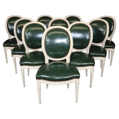 Raro Juego de 10 Sillas de Comedor Maison Jansen Cameo Back Cuero Pintado Atribuidas Foto 1 de 4