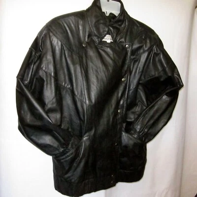 90s Vtg Black Leather Jacket Sz S Tibor Dolman Sleeve V Pattern Biker Motorcycle - Image 1 of 4