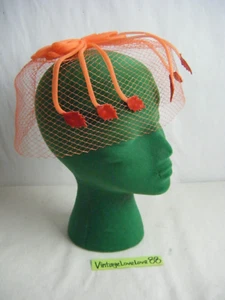 Vtg 60s Bright Orange Bows & Velvet Leaves Veil Net Hat-14" diameter - Picture 1 of 6