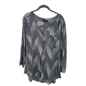 Fred David Geometric Print Blouse Womens XL Zig Zag Chevron 3/4 Roll Tab Sleeve - Picture 1 of 12
