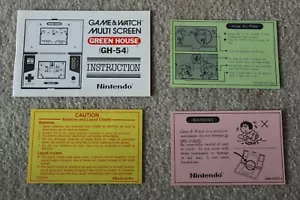 GENUINE ORIGINAL NINTENDO GAME WATCH GREEN HOUSE MANUAL HOW TO PLAY SLIP SUPERB - Picture 1 of 2