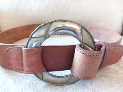 Vtg Chicos Sz M Wide Lt Brown Leather Belt w Huge Brass & Lucite Buckle Morocco - Image 1 of 4