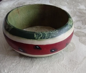 Vintage Hand Painted Wooden Watermelon Bangle Cuff Bracelet Bold Artist RARE - Picture 1 of 4