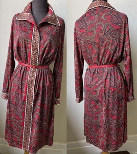 70's Flawless Iconic Chic Paisley Slinky Border Print Knit Shirt Dress w/ Belt - Picture 1 of 8