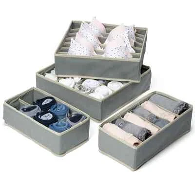 4-PIECE FOLDABLE DRAWER ORGANISER - UNDERWEAR STORAGE BOX SET FOR SOCKS BRAS ETC - Image 1 of 4