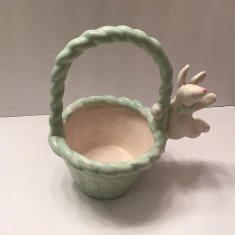 Teleflora gift ceramic basket Handle Bunny Rabbit Green Planter With Liner Cover