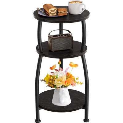 Small Round Side Table, 3-Tier Rustic Wood & Metal Nightstand,Room Storage Shelf - Image 1 of 4