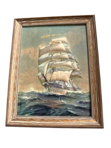 Vintage Nautical Tall Ship Textured Painting Reproduction Framed Seascape MCM - Picture 1 of 9