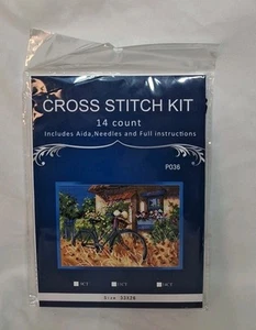 Bicycle With Sun Bonnet In Front Of Cottage Counted Cross Stitch Kit, 14 ct, - Picture 1 of 3