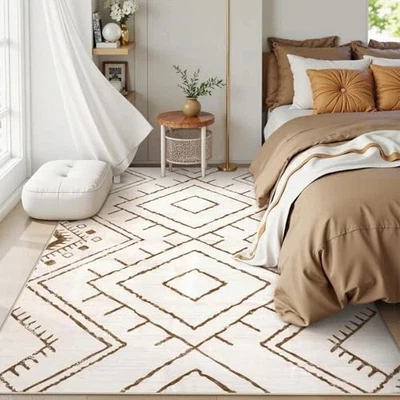 Ivory Hand Tufted Area Rug 5x8 Modern Moroccan Geometric Pattern Plush Carpet - Image 1 of 4