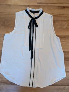 Ann Taylor White & Black Pintuck Tuxedo Front Shirt Black Ribbon Necktie Sz XL - Picture 1 of 8